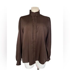 Vintage Brown Ruffle-Front Long Sleeve Blouse